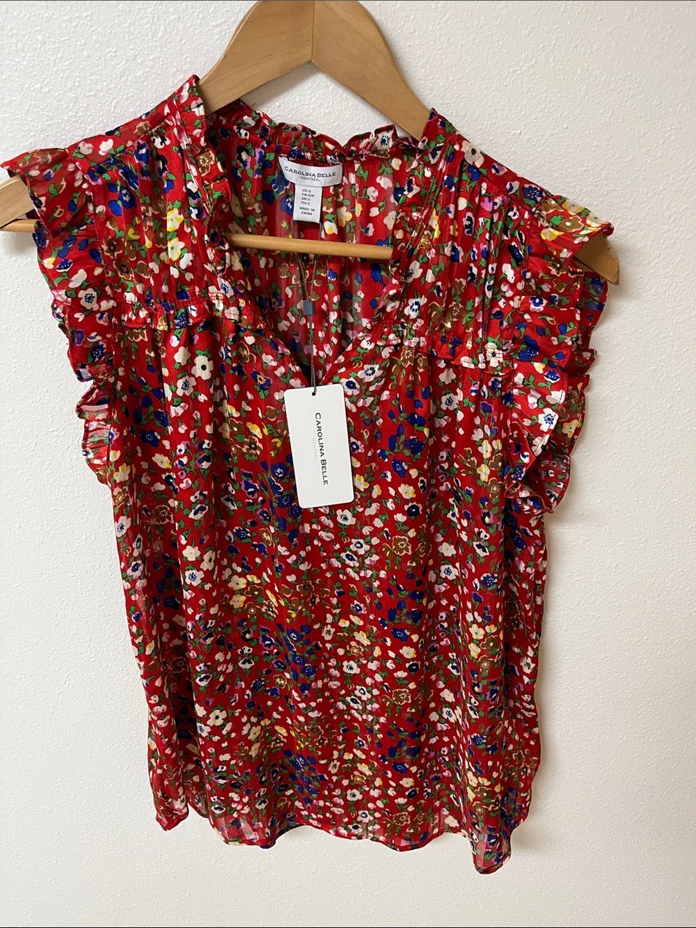Carolina Belle Red Floral Ruffle Sleeve blouse women’s size S